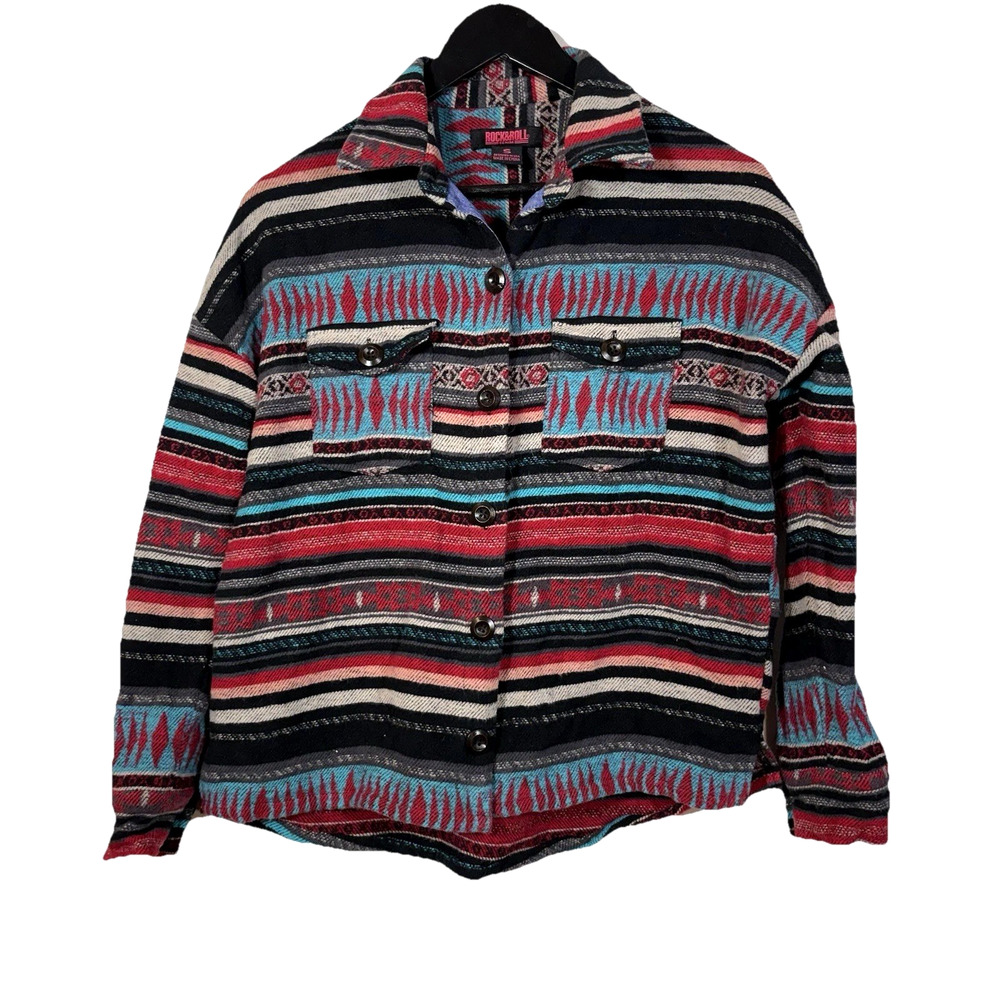 Southwestern Shirt Aztec Stripe Print Button Down Red Blue Rock & Roll Denim